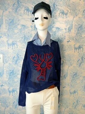 Navy Lobster Open Knit Sweater | Coastal Preppy Nautical Nantucket ACK